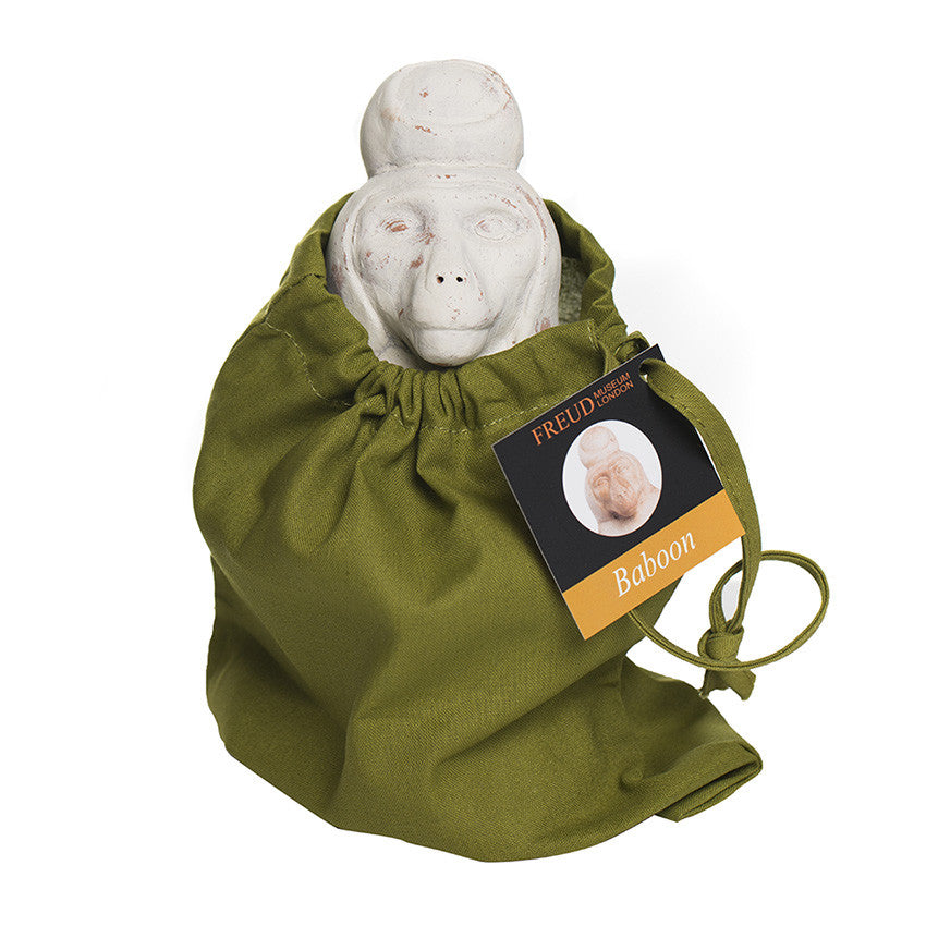 Hand-made Baboon of Thoth, by Martha Todd, in a green pouch and information card exclusively for the Freud Museum. A replica of the baboon on Sigmund Freud's desk. Ikea monkey. Monkey lost in ikea.