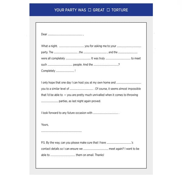 An example of a card from the game Communicado. the card allows the person to write a review of someone's party. the feedback form has blank spaces to fill in the gaps: e.g. "it was truly -blank- to meet such -blank- people"