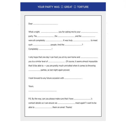An example of a card from the game Communicado. the card allows the person to write a review of someone's party. the feedback form has blank spaces to fill in the gaps: e.g. "it was truly -blank- to meet such -blank- people"